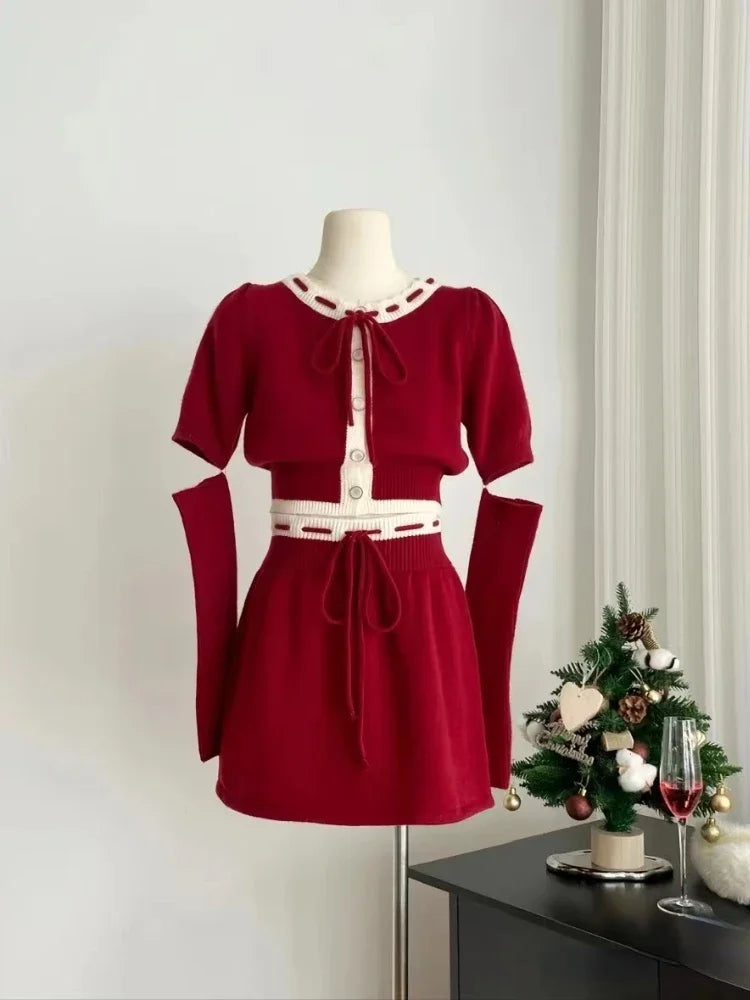 vzyzv  -  Autumn Winter New Christmas Red Skirt Suit Women Casual Slim Blouse + Y2k Mini Skirt Sweet Fashion 2 Piece Skirt Set Female