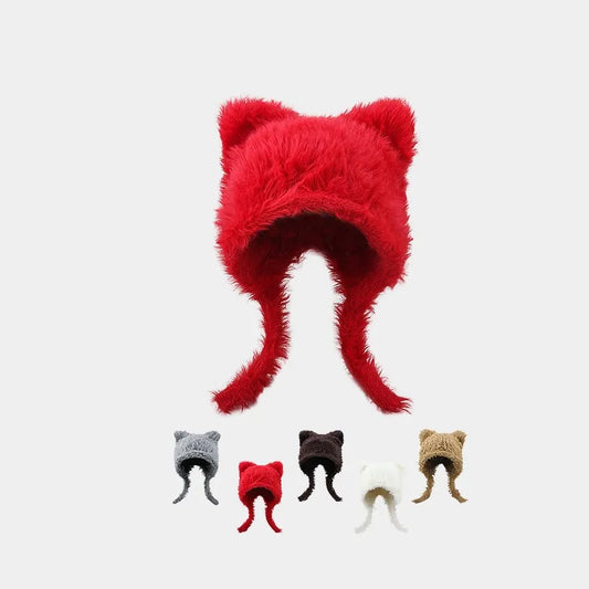 vzyzv  -  Korean Simple and Cute Plush Bear Ears Pullover Hat Winter Trend Warm Imitation Rabbit Fur Ear Protectors Bomber Hats for Women