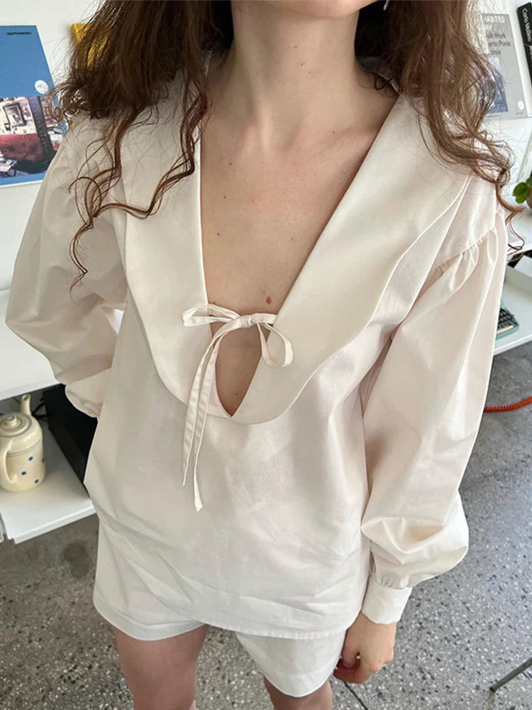 vzyzv  -  Sweet Bow Lace-up Women's Blouse Solid Loose Wavy Deep V-neck Puff Long Sleeve Tops  Spring Summer Elegant Female Blouses