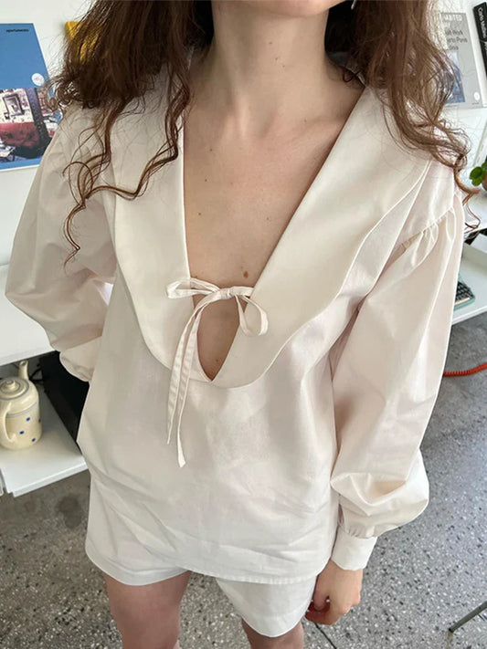 vzyzv -  Sweet Bow Lace-up Women's Blouse Solid Loose Wavy Deep V-neck Puff Long Sleeve Tops 2024 Spring Summer Elegant Female Blouses