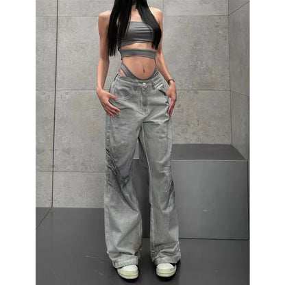 vzyzv  -  Female High Street Retro High Waist Trashy Jeans Y2K Baggy American 2000s Denim Trouser Women's Washed Vintage Casual Pants