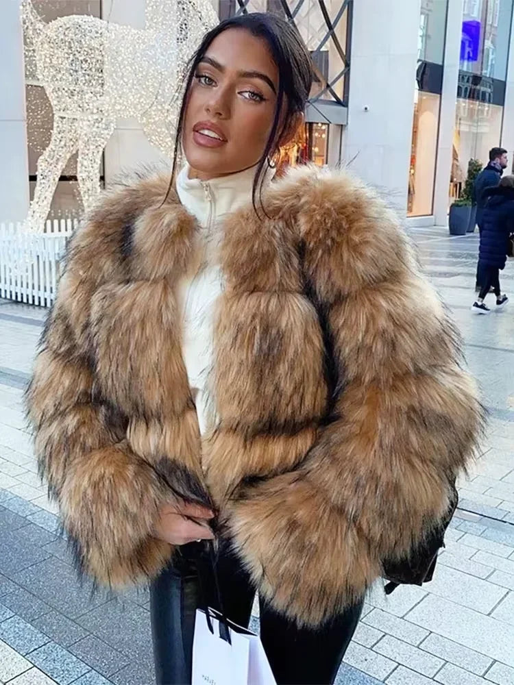 vzyzv  -  Women Fashion Faux Raccoon Fur Coat Luxury Short Furry Fur Top Jacket Women Winter Plush Fluffy Jacket Thick Fur Coats for Women