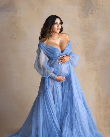 nvxiot  -  Charming Ruffle Tulle Maternity Dress Photoshoot Off the Shoulder Blue Bridal Robes Custom Made Babyshower Dress for Photography