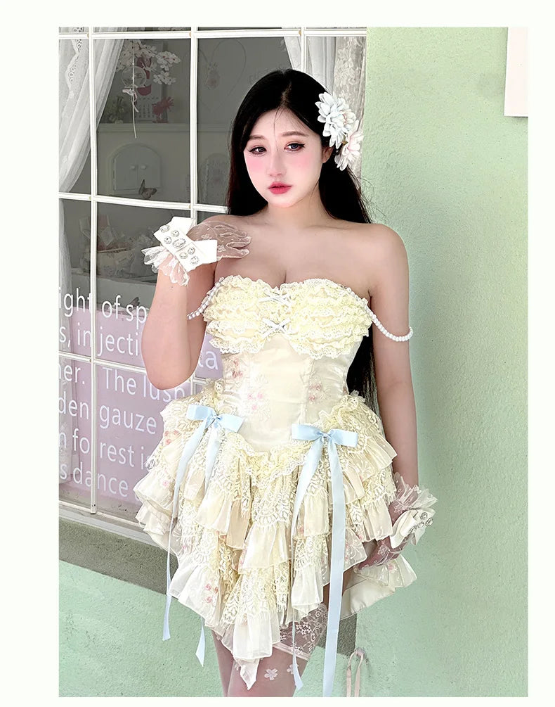 vzyzv -  Fairy Spring and Summer Lace Romantic Atmosphere Slimming Dress Pink Apricot Ruffled Tube Top Mini Princess Dresses for Party