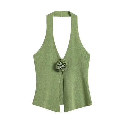 vzyzv -  Solid Knitted 3D Flower Halter Women Vest V-neck Sleeveless Backless Split Female Tanks 2024 Summer New Fashion Sexy Lady Tops