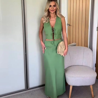 vzyzv -  New Chic Tank Top And Long Skirts Set Summer Vest And Fashion Skirt Two Piece Set Green Vacation Casual Women Outfits