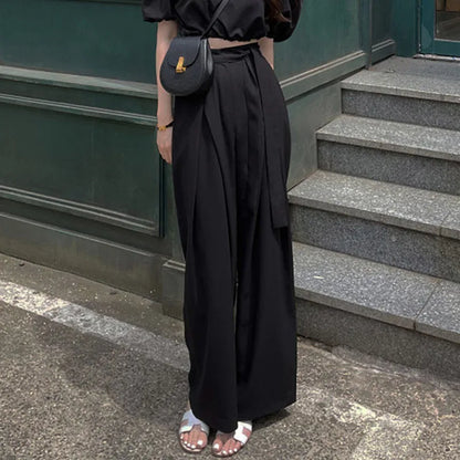 nvxiot  -  Fashion Women Wide Leg Pants Korea Chic High Waist Loose Mopping Suit Pants Elegant Lady Pleated Belt Strap Black Loose Trousers