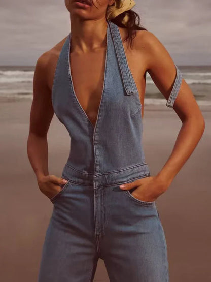 vzyzv  -  New Women Denim Jumpsuit Lace-up Sleeveless Jean Overalls Jumpsuits Backless Streetwear Female Fashion V-Neck Lady Rompers