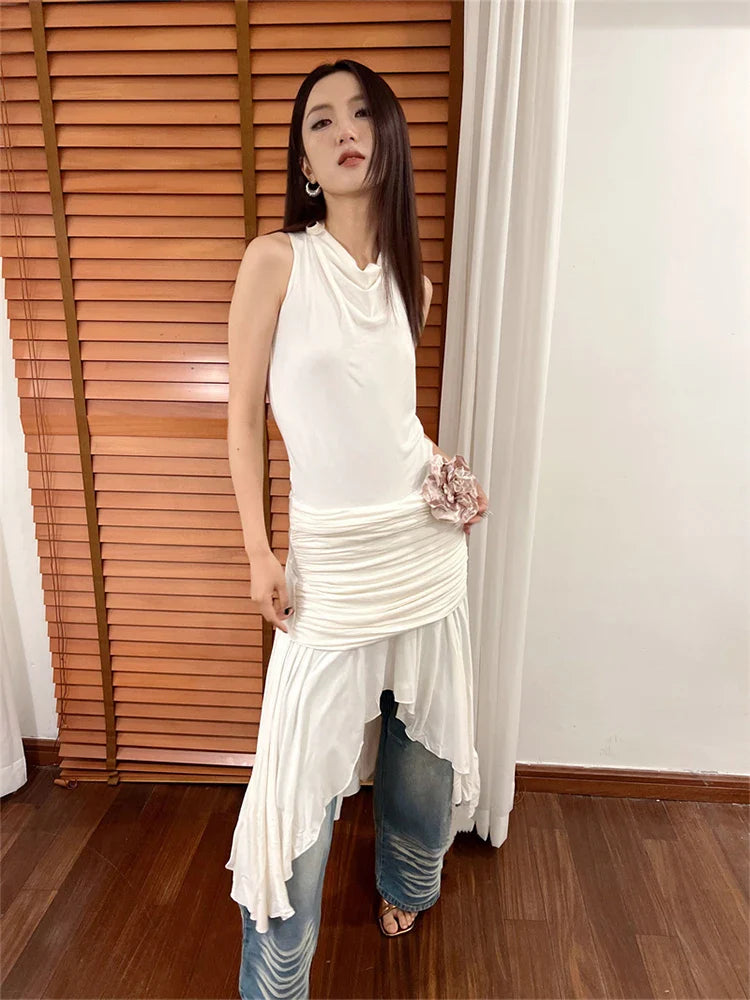 vzyzv  -  Women White Sleeveless A-line Dress Y2k 90s Korean Vintage Harajuku Evening Dress Party Club One Piece Frocks 2000s Clothes 2024