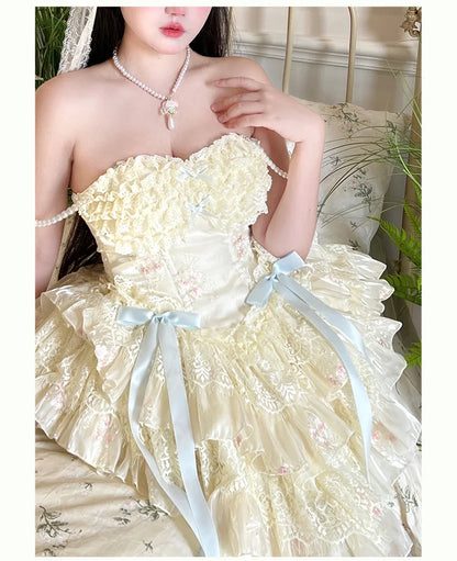 vzyzv -  Fairy Spring and Summer Lace Romantic Atmosphere Slimming Dress Pink Apricot Ruffled Tube Top Mini Princess Dresses for Party