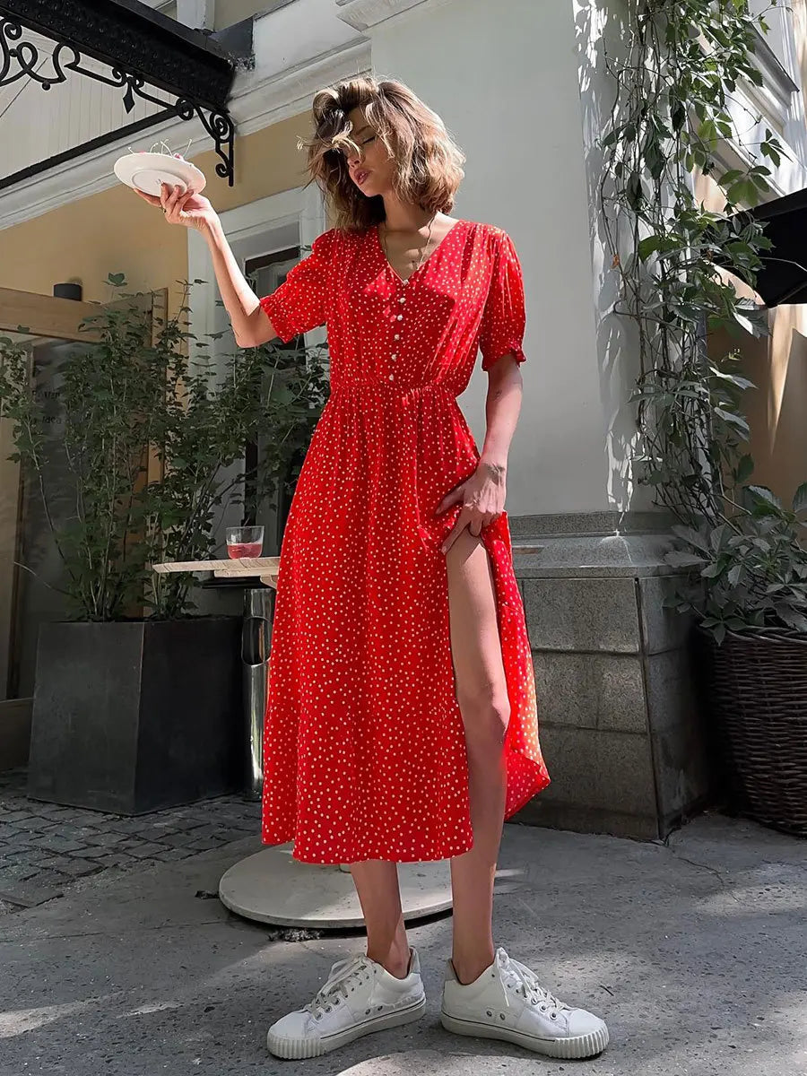 vzyzv  -  Summer Elegant Dot Long Dress Women V Neck Single Breasted Short Sleeve High Split Casual Fashion Streetwear Red Robes