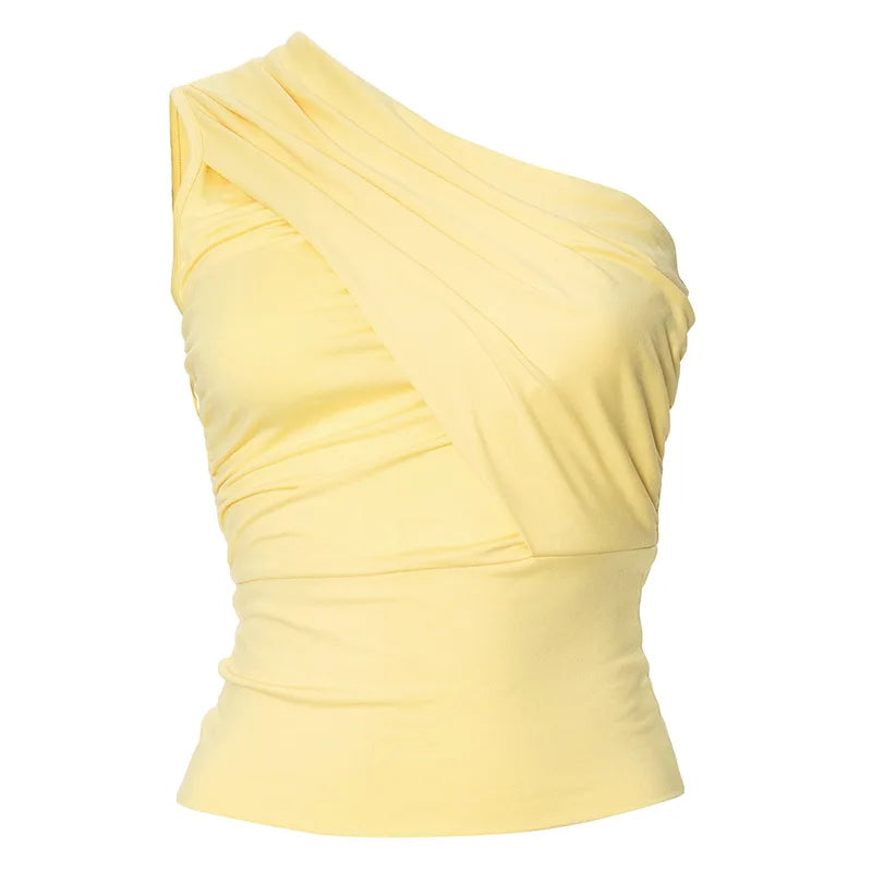 vzyzv -  Yellow Tank Tops Women's Summer One Shoulder Sleeveless Short T-shirt Y2K Streetwear 2024 Fashion Diagonal Collar Slim Crop Top