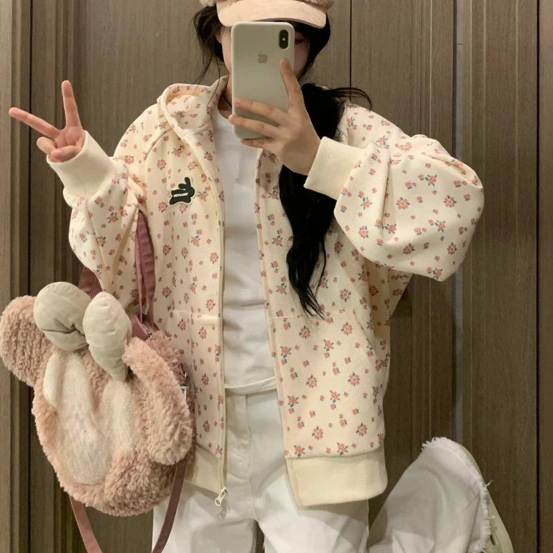 vzyzv  -  Korean Fashion Sweet Hoodie for Women Flowers Print Oversize Zip-up Hooded Sweatshirts College Coquette Aesthetic Tops