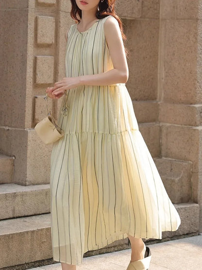 nvxiot  -  Loose Striped Dress 2024 Summer Small Fresh Round Neck Tie Fashion Casual Temperament Long Skirt