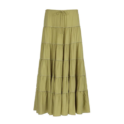 vzyzv  -  Bohemian Frill A-line Skirt Lady Elegant Loose Aesthetic Vintage Green Flowy Skirt Vacation Outfits Fashion Street