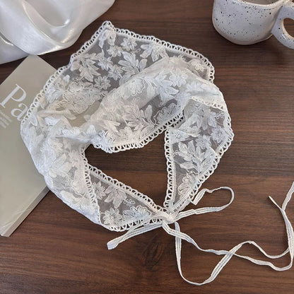 vzyzv -  French White Lace Flower Scarf Women's Summer Sweet Tied Hair Headscarf Triangle Scarf Clothing Accessories