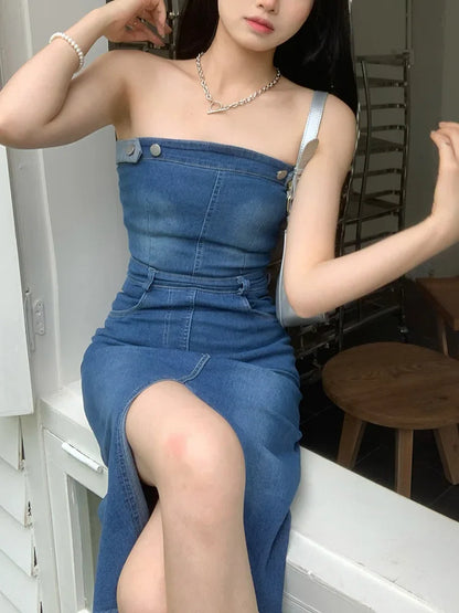 vzyzv -  Fashion Sexy Strapless Denim Dress Women Korean Summer Sleeveless Sheath Long Dresses Casual Slim Jeans  Vestidos