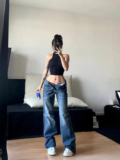 vzyzv  -  Women Korean Fashion Vintage Classical Chic Jeans Straight Leg Simple Jeans Grunge Harajuku Blue Denim Pants Y2k Tide Aesthetic