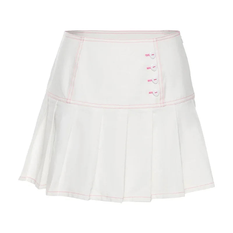 nvxiot  -  Fashion High Waist Aesthetics Mini Skirt Kawaii Buttons White Casual Girl Pleated Skirts Zipper Patchwork Sweet Cute Y2k Outfits