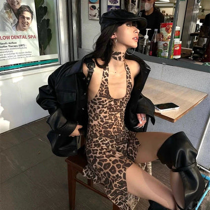 nvxiot  -  Leopard Printed Sexy Woman Dresses Vintage Mini Backless Y2k Dress Short Streetwear Party Female Fashion Hotsweet Chic