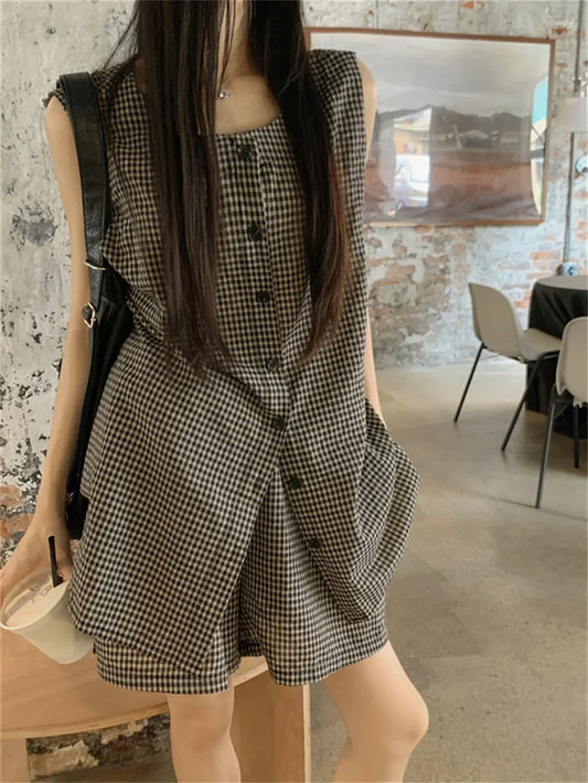 vzyzv  -  Minimalist Women Two Pieces Suits Chic Office Lady Vest Coats Plaid Wide Leg Shorts Loose Work Wear Elegant Set