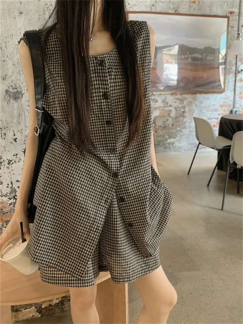 vzyzv  -  Minimalist Women Two Pieces Suits Chic Office Lady Vest Coats Plaid Wide Leg Shorts Loose Work Wear Elegant Set