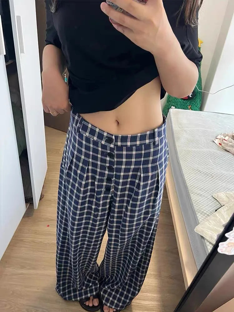 vzyzv  -  Harajuku Plaid Women Pants Low Waist Korean Style Trousers Vintage Casual Wide Leg Checked Pants Baggy Retro Fashion