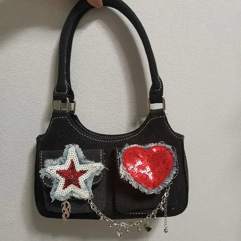 vzyzv  -  Women New Retro Y2k Aesthetic Star Heart Sequined Shoulder Bags Vintage Punk Korean Handbags Harajuku Chain Crossbody Bag Denim