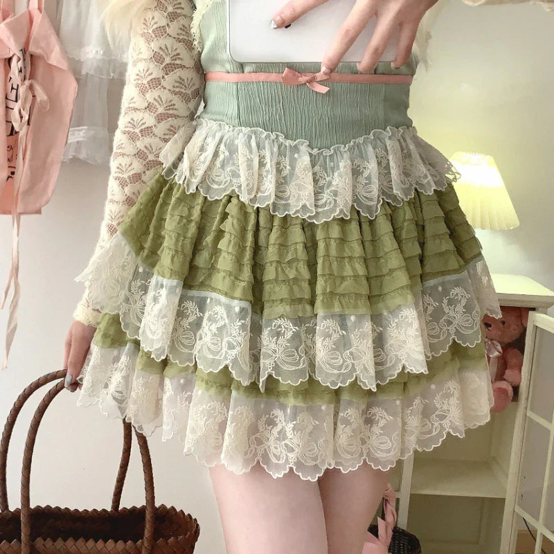 vzyzv  -  Sweet Lolita Lace Cake Skirt Women Pink Vintage Elegant A-line Mini Skirts Female Korean Fashion Preppy Style Pleated Skirt