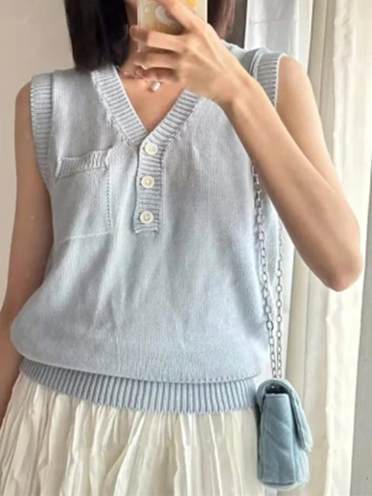 vzyzv  -  Casual Women Blue Front Buttons Knit Tank Tops Fall Fashion Solid Color V Neck Sleeveless Vests Female Chic Tops