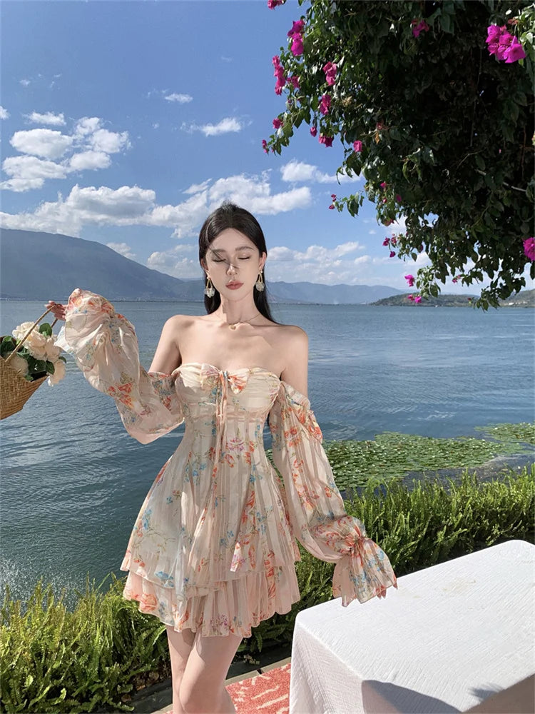 vzyzv -  Holiday Style Summer Dress Fairy Printedoff Shoulder Long Sleeved Chiffon Dress Women Beach Outfit A-line Short Mini Dress