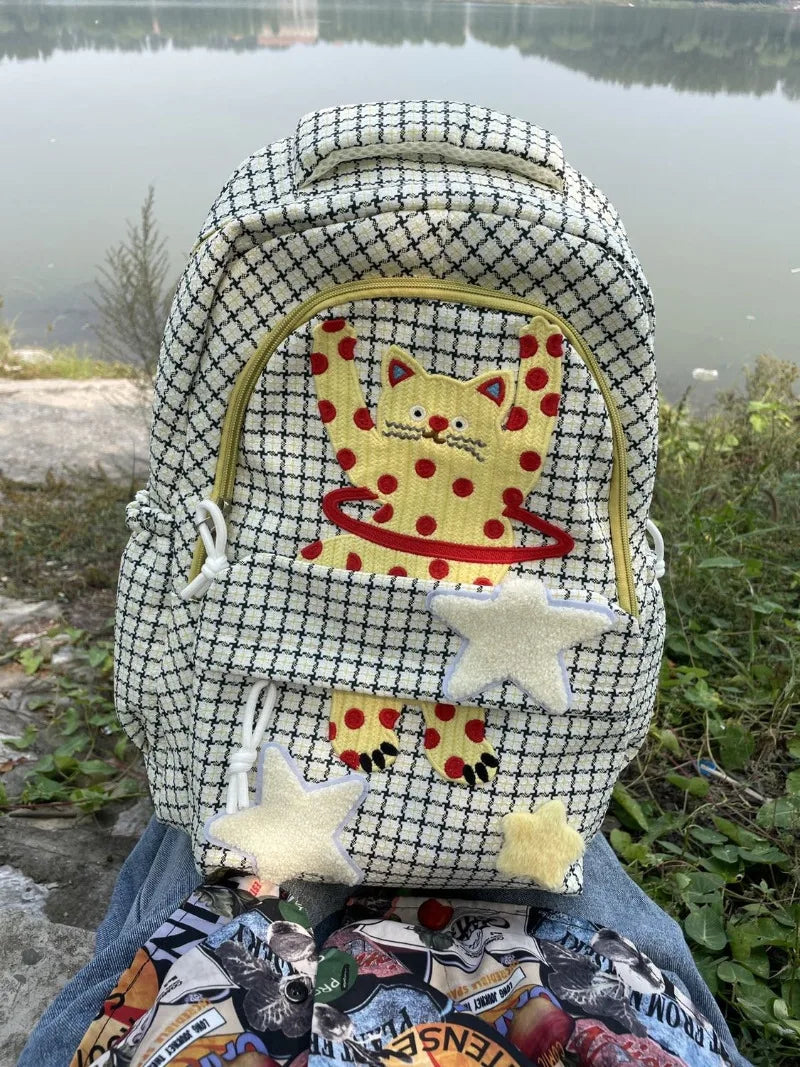 vzyzv  -  Korean Fashion Star Patchwork Cartoon Cat Y2k Aesthetic Women Backpack High-capacity Travel Rucksack Casual All Match School Bag