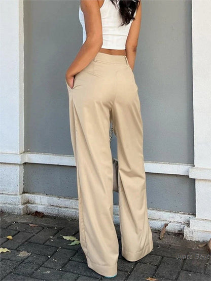 vzyzv -  Spring Summer Casual Hidden Button Wide Leg Pant For Women Fashion Solid Color Office Lady Commuter Simple Straight Long Trouser