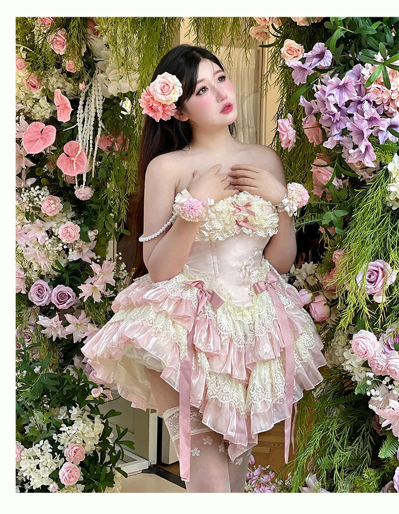 vzyzv -  Fairy Spring and Summer Lace Romantic Atmosphere Slimming Dress Pink Apricot Ruffled Tube Top Mini Princess Dresses for Party