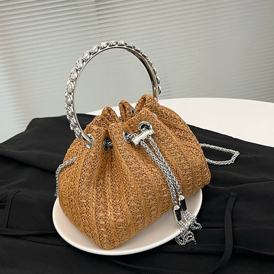 vzyzv -  Summer Travel Bag Women Designer Straw Beach Bag Luxury Handle Rhinestones Day Clutches Fashion Bucket Crossbody Bag Brown