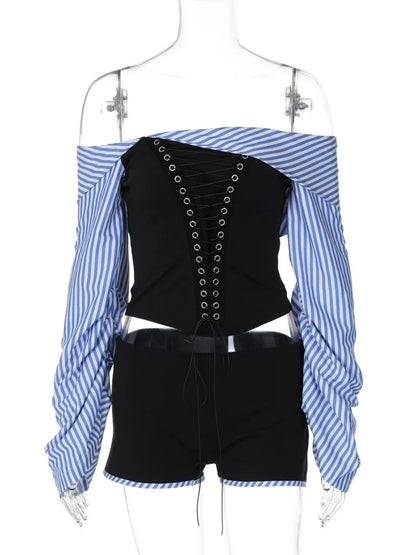 vzyzv  -  Fashion Chic Women Long Sleeve Striped Long Sleeve Corset Shirts + Shorts 2 Piece Sets High Street Tunics Bandage Female Suit