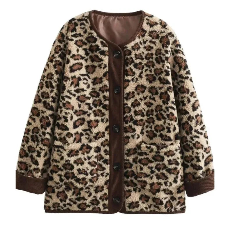 vzyzv  -  Vintage Leopard Print Single Breasted Jacket Women Elegant O Neck Long Sleeves Pocket Coat New Fashion Lady Warm Outerwear