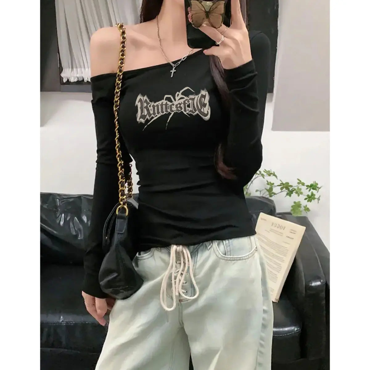 vzyzv  -  Oblique Shouldered Long-Sleeved Autumn New Print Spice Girl T-Shirt Joker Slim Slim American One-Shoulder Bottoming Shirt Woman