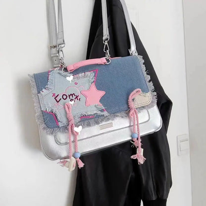 vzyzv  -  Star Patchwork Silver Backpack Korean Y2k Denim Sweet Girl Itabag Preppy Student Messenger Bag Trendy Hottie Shoulder Bag