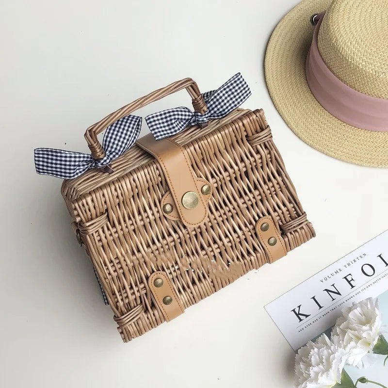 vzyzv -  New Handmade Bohemian Women's Handbags Summer Straw Beach Bag Square Rattan Bow Female Bags Fashion Designer Shopper Purse