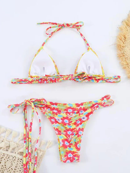 vzyzv -  Floral Contrast Lace-up Bikini Set Women Swimwear Bra Briefs 2 Piece Set Swimsuit Hottie Outfit Summer Holiday Beachwear