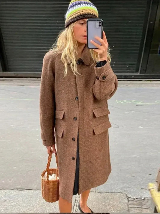 vzyzv  -  Brown Single Breasted Woolen Overcoat For Women Elegant Lapel Pockets Long Sleeve Jacket 2024 Autumn Casual Lady Commuting Coats