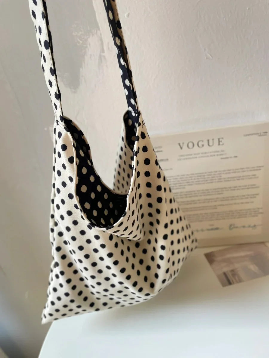 vzyzv  -  Niche Double-sided Black White Polka Dot Bags Female Shoulder Bag Casual All-match Retro All-match Simple Canvas Bags