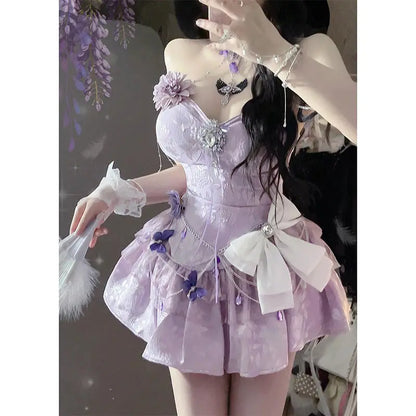 vzyzv  -  Japan Girl Cute High-End Dress With Skirt Clothes Flower Decoration Violet Romantic Dress New