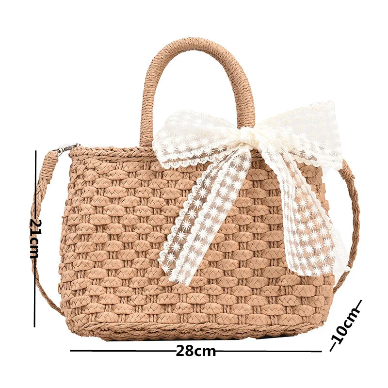 vzyzv -  Luxury Designer Women's Hand Woven Straw Bag Summer New Bohemian Beach Seaside Travel Handbag Lace Bow Drawstring Tote Picnic