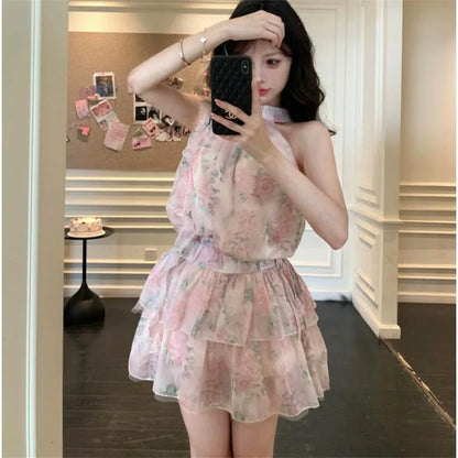 vzyzv -  New 2024 Summer Floral Print Chiffon 2pc Sets Sleeveless Halter Short Shirt Tank Top&Mini Cake Skirt Fashion Sexy 2 Piece Sets