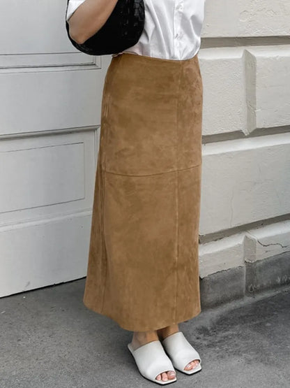 vzyzv  -  Autumn Retro Fashion Velvet Long Skirt Khaki Slim Straight Winter Women Skirt Zipper Solid Color Elegant Streetwear Skirt