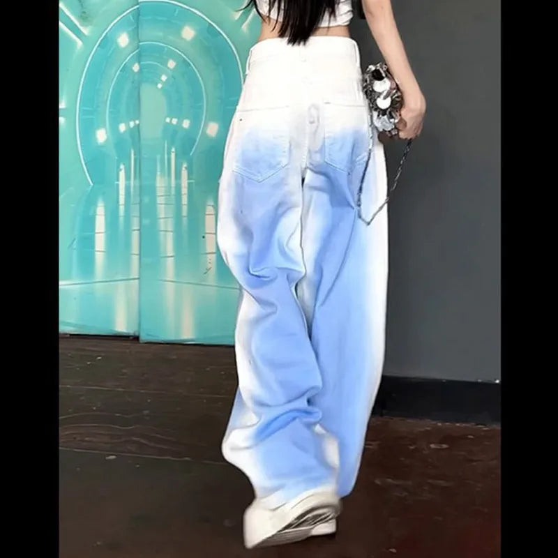 vzyzv  -  Tie Dye High Street Wide Leg Jeans Button Harakuju Denim Pants White Blue Hip Hop Baggy Trousers Plus Size Women's Retro Pants