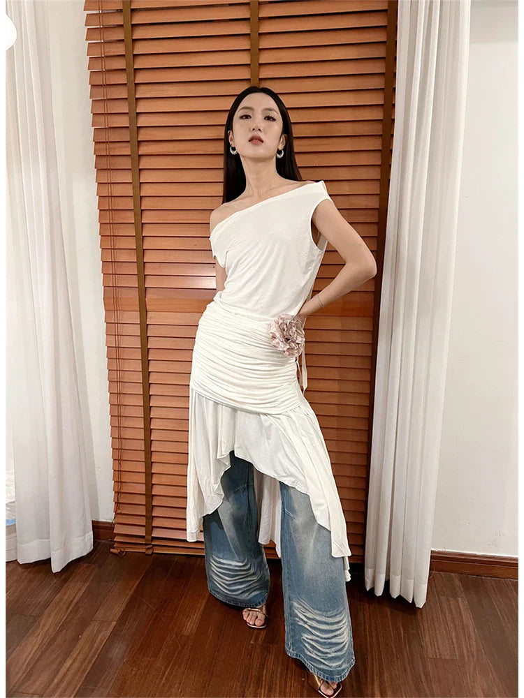 vzyzv  -  Women White Sleeveless A-line Dress Y2k 90s Korean Vintage Harajuku Evening Dress Party Club One Piece Frocks 2000s Clothes 2024