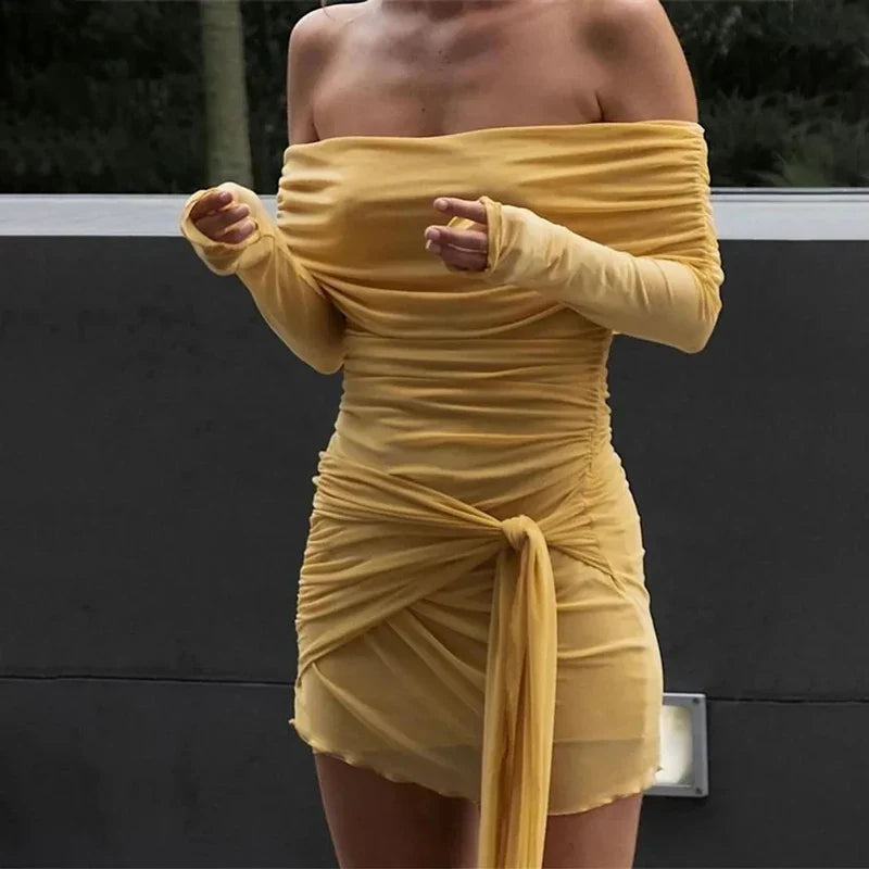 vzyzv  -  Strapless Backless Sexy Mini Dress For Women Fashion Off-shoulder Long Sleeve Bodycon Club Party Dress Elegant  New